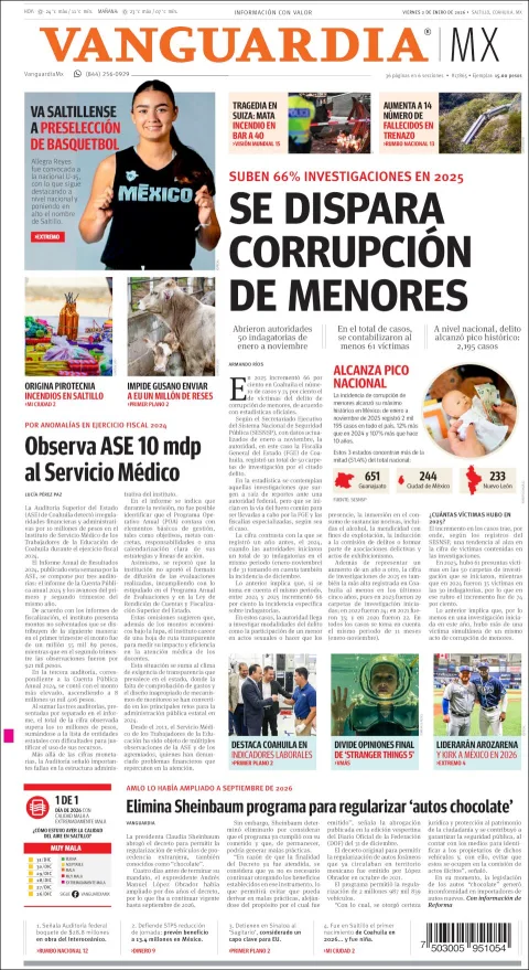 Portada de Vanguardia del viernes, 2 de enero de 2026