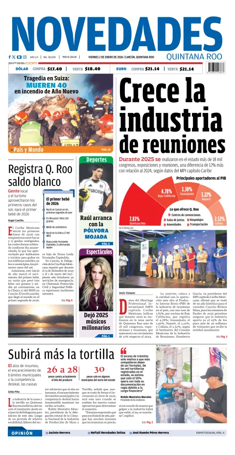 Portada de Novedades Quintana Roo del viernes, 2 de enero de 2026