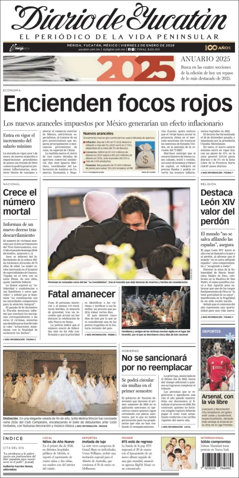 Portada de Diario de Yucatán del viernes, 2 de enero de 2026