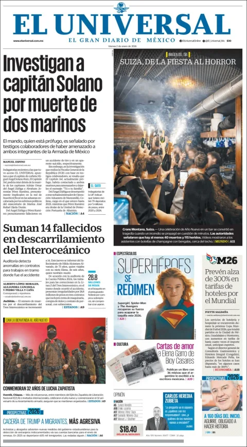 Portada de El Universal del viernes, 2 de enero de 2026