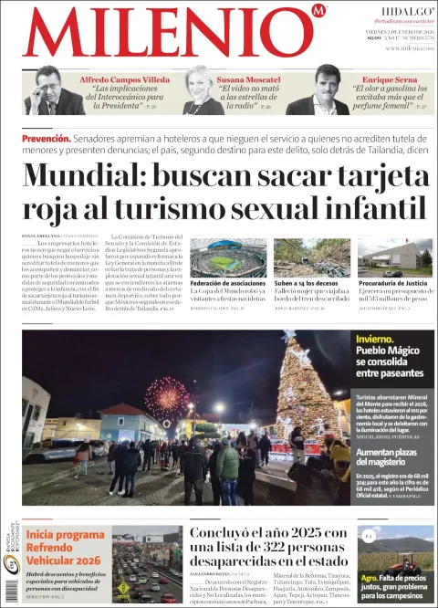 Portada de Milenio Hidalgo del viernes, 2 de enero de 2026