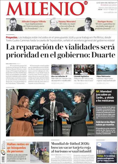 Portada de Milenio Edo de Mexico del viernes, 2 de enero de 2026
