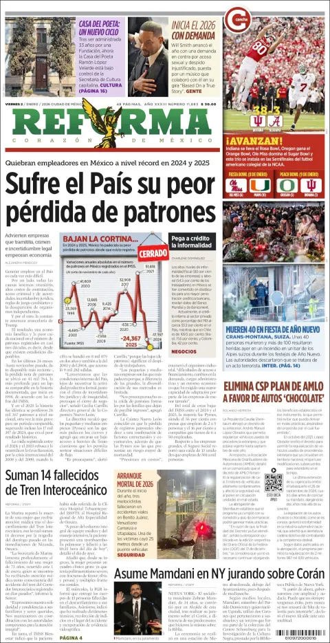 Portada de Reforma del viernes, 2 de enero de 2026