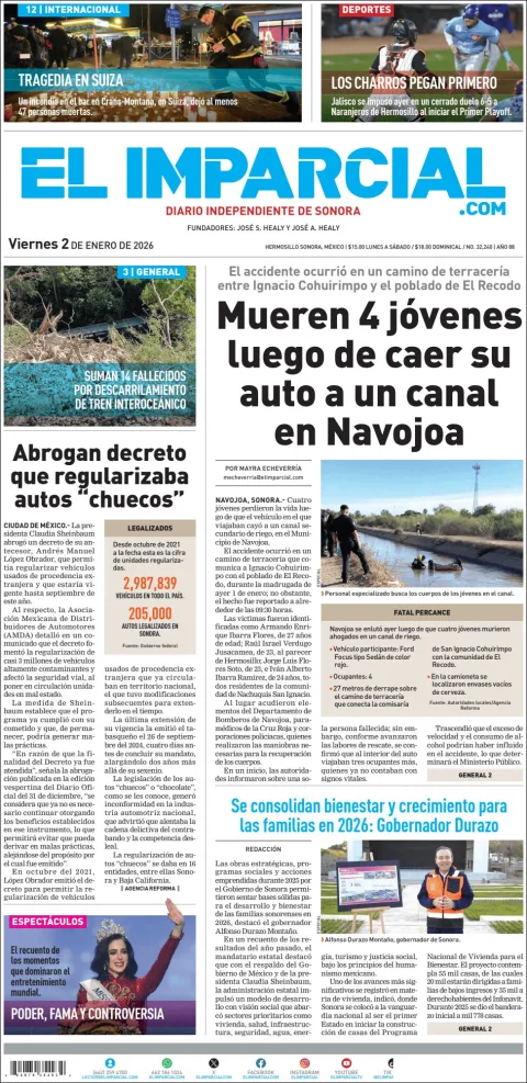Portada de El Imparcial del viernes, 2 de enero de 2026