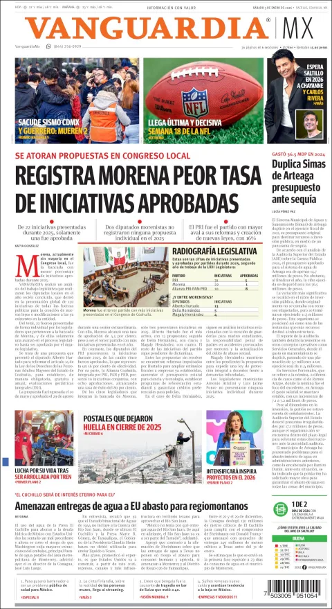 Portada de Vanguardia del sábado, 3 de enero de 2026