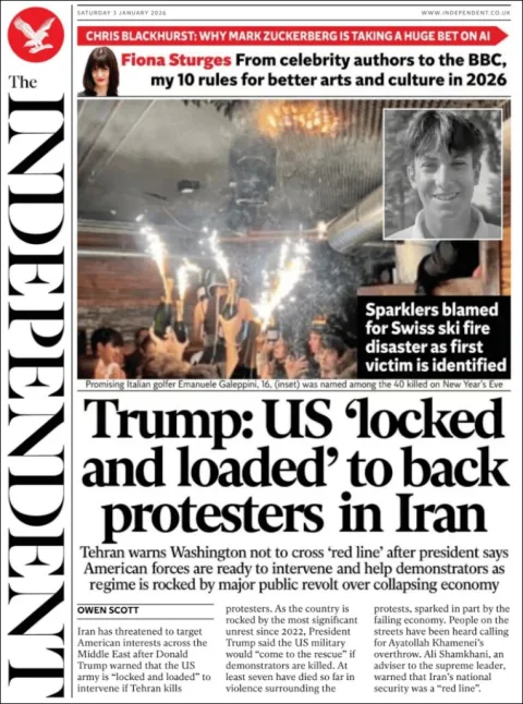 Portada de The Independent del sábado, 3 de enero de 2026