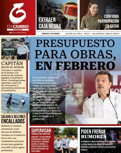 Portada de En Cambio - Tabasco (portada) del sábado, 3 de enero de 2026