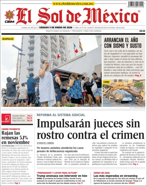 Portada de El Sol de Mexico del sábado, 3 de enero de 2026