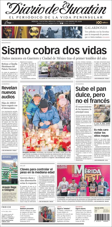 Portada de Diario de Yucatán del sábado, 3 de enero de 2026