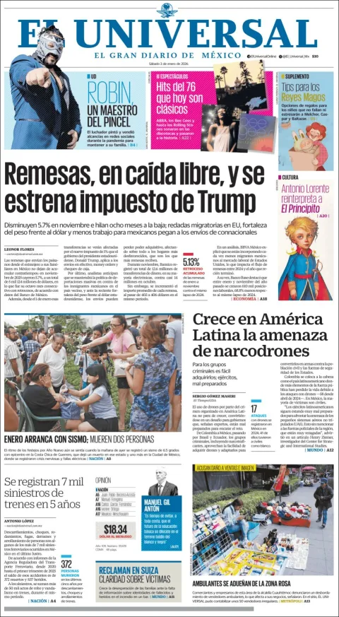 Portada de El Universal del sábado, 3 de enero de 2026