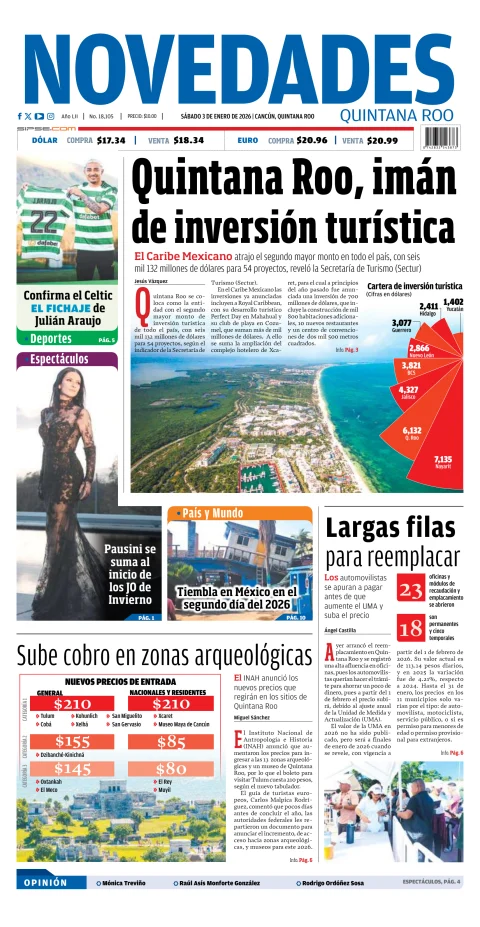 Portada de Novedades Quintana Roo del sábado, 3 de enero de 2026