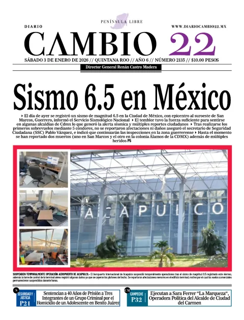Portada de Diario Cambio 22 (contraportada) del sábado, 3 de enero de 2026