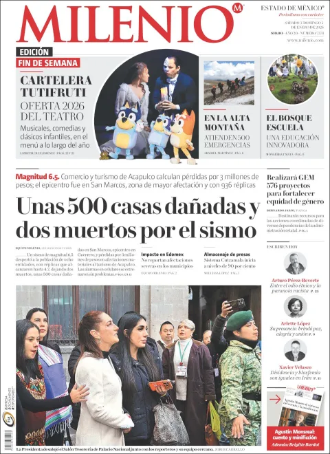 Portada de Milenio Edo de Mexico del sábado, 3 de enero de 2026