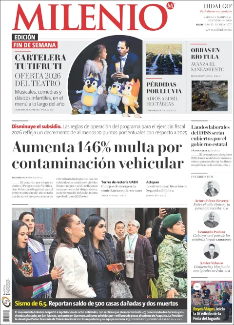 Portada de Milenio Hidalgo del sábado, 3 de enero de 2026