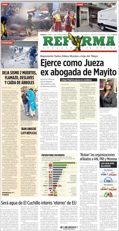 Portada de Reforma del sábado, 3 de enero de 2026