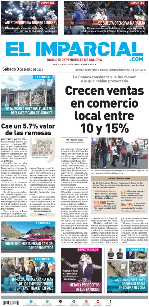 Portada de El Imparcial del sábado, 3 de enero de 2026