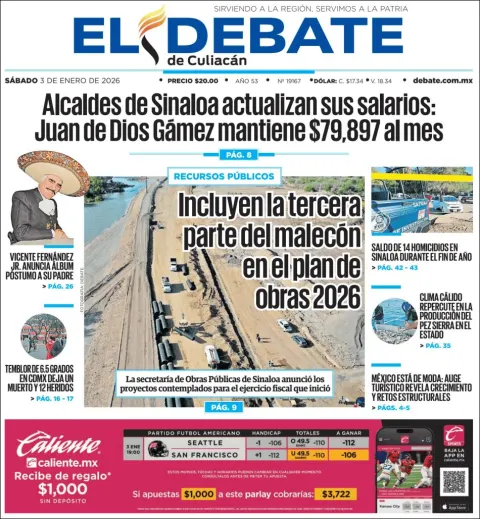 Portada de El Debate de Culiacan del sábado, 3 de enero de 2026