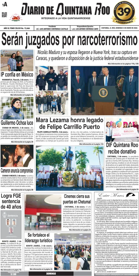 Portada de Diario de Quintana Roo (portada) del domingo, 4 de enero de 2026