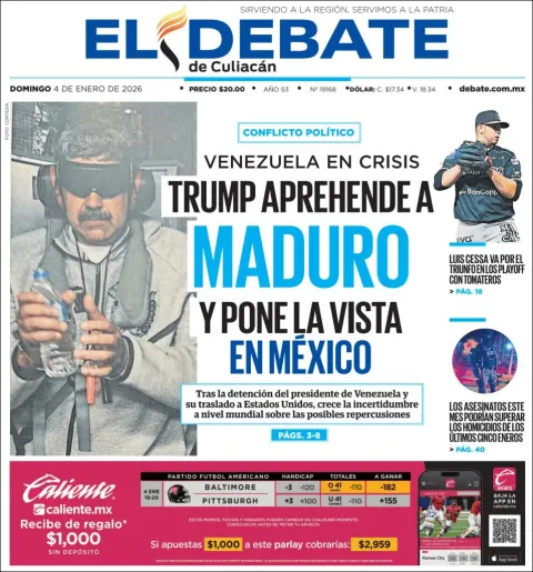 Portada de El Debate de Culiacan del domingo, 4 de enero de 2026