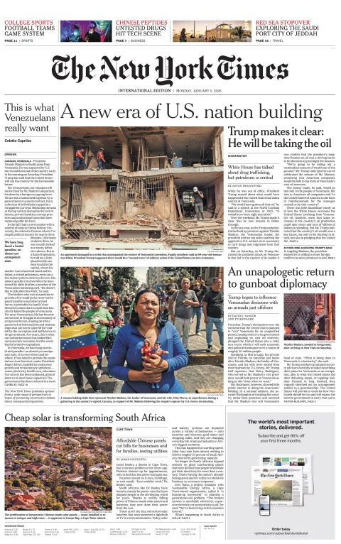 Portada de The New York Times (international) del lunes, 5 de enero de 2026
