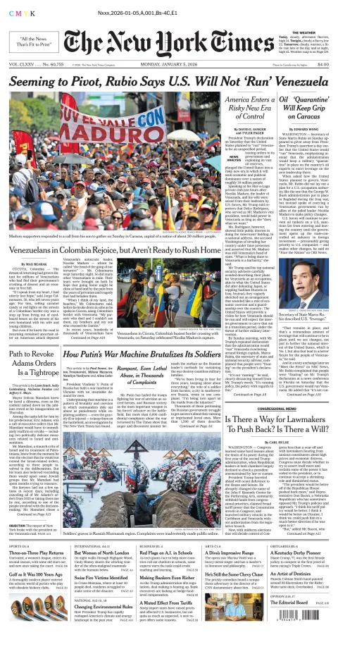 Portada de The New York Times (new York) del lunes, 5 de enero de 2026