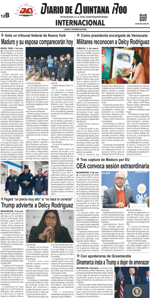 Portada de Diario de Quintana Roo (contra Portada) del lunes, 5 de enero de 2026