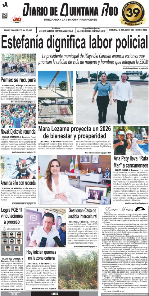 Portada de Diario de Quintana Roo (portada) del lunes, 5 de enero de 2026