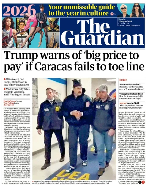 Portada de The Guardian (reino Unido) del lunes, 5 de enero de 2026