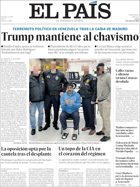 Portada de El Pais del lunes, 5 de enero de 2026