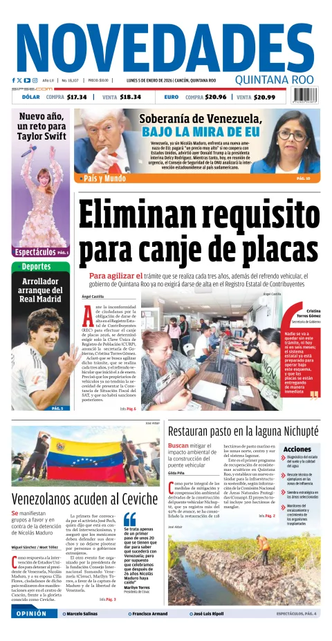 Portada de Novedades Quintana Roo del lunes, 5 de enero de 2026