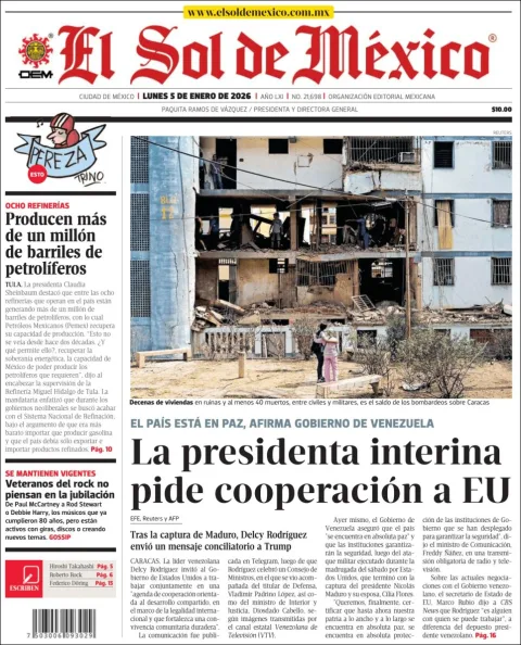 Portada de El Sol de Mexico del lunes, 5 de enero de 2026