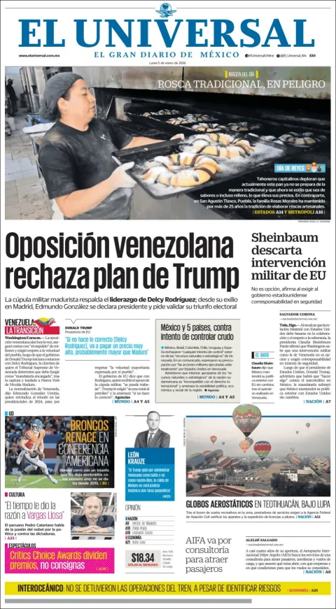 Portada de El Universal del lunes, 5 de enero de 2026