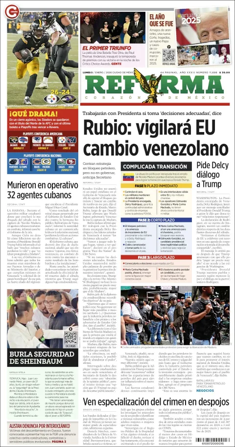Portada de Reforma del lunes, 5 de enero de 2026