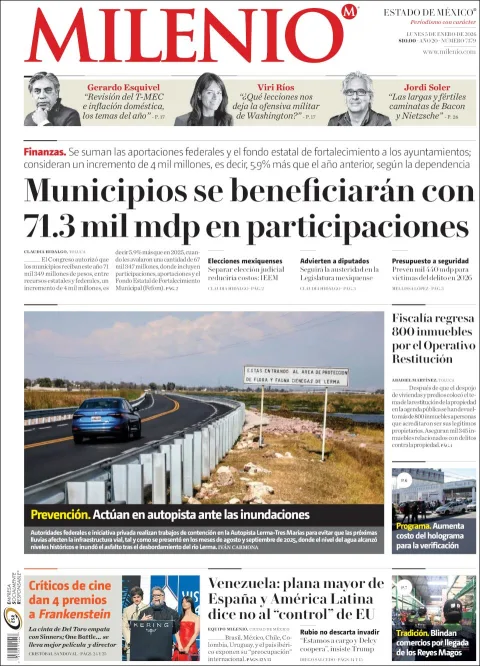Portada de Milenio Edo de Mexico del lunes, 5 de enero de 2026