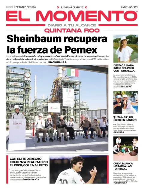 Portada de El Momento Quintana Roo del lunes, 5 de enero de 2026
