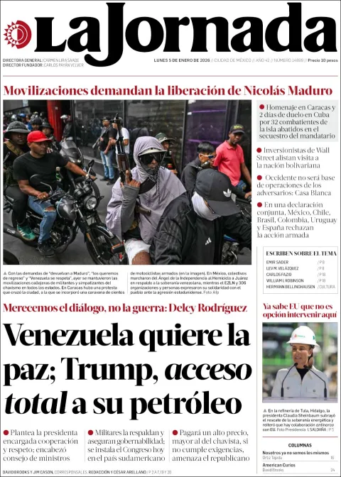 Portada de La Jornada del lunes, 5 de enero de 2026