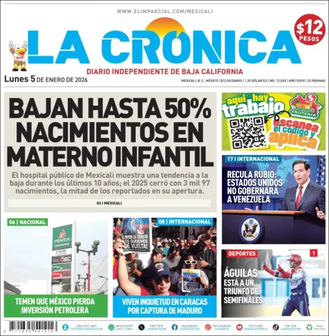 Portada de La Cronica del lunes, 5 de enero de 2026
