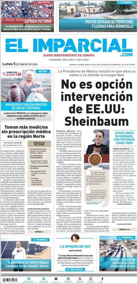 Portada de El Imparcial del lunes, 5 de enero de 2026
