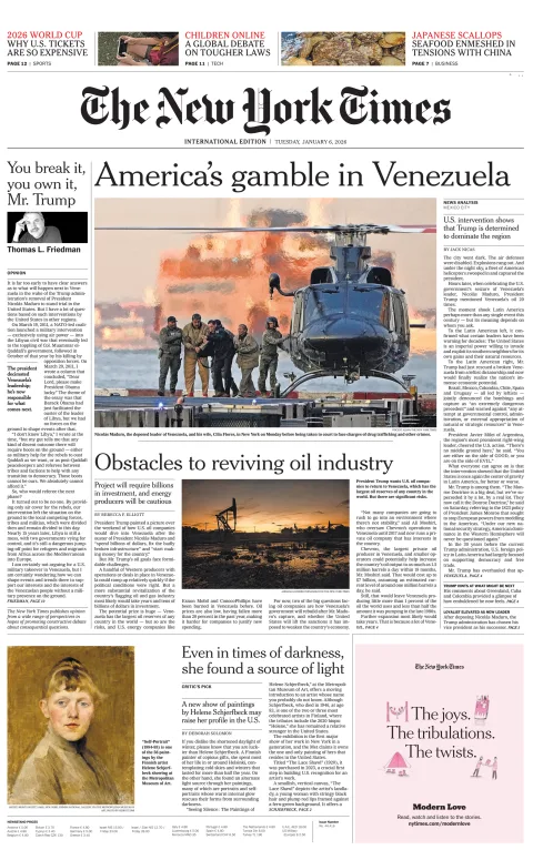 Portada de The New York Times (international) del martes, 6 de enero de 2026