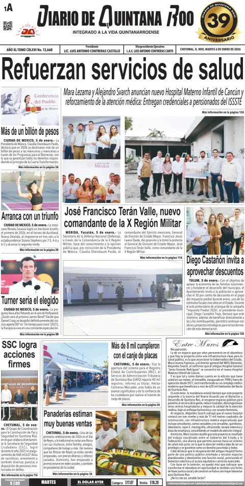 Portada de Diario de Quintana Roo (portada) del martes, 6 de enero de 2026