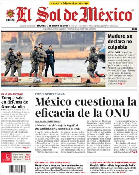 Portada de El Sol de Mexico del martes, 6 de enero de 2026