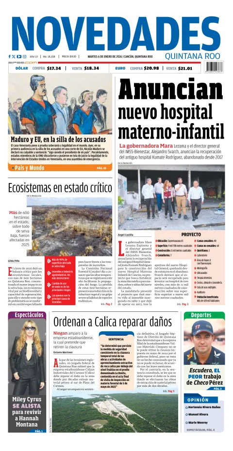 Portada de Novedades Quintana Roo del martes, 6 de enero de 2026
