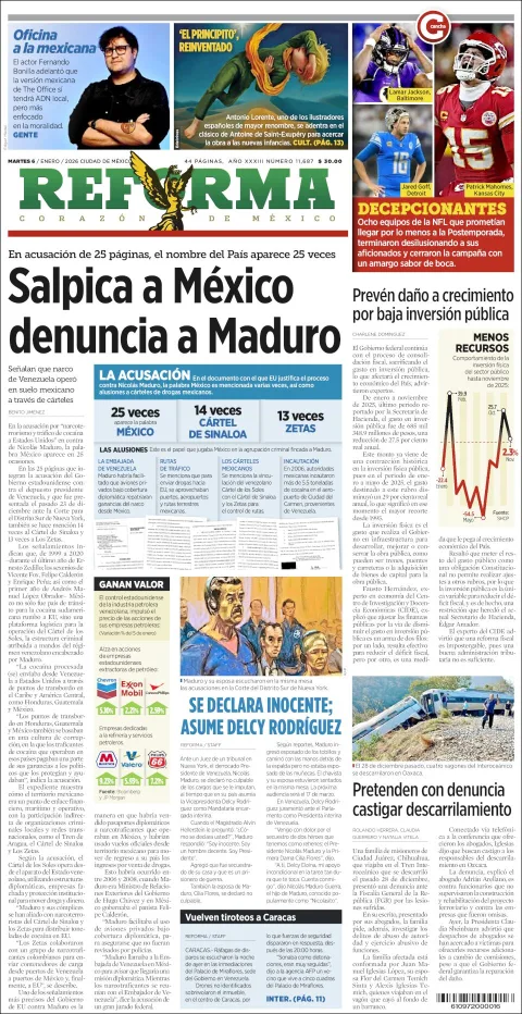 Portada de Reforma del martes, 6 de enero de 2026