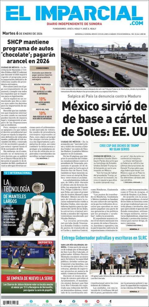 Portada de El Imparcial del martes, 6 de enero de 2026