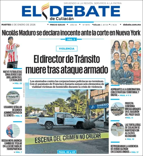 Portada de El Debate de Culiacan del martes, 6 de enero de 2026
