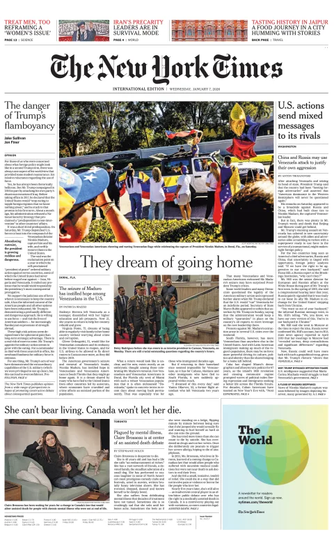 Portada de The New York Times (international) del miércoles, 7 de enero de 2026