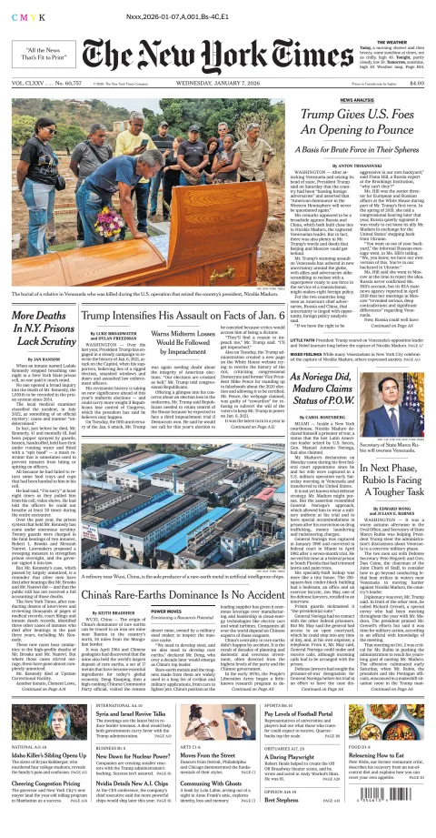 Portada de The New York Times (new York) del miércoles, 7 de enero de 2026