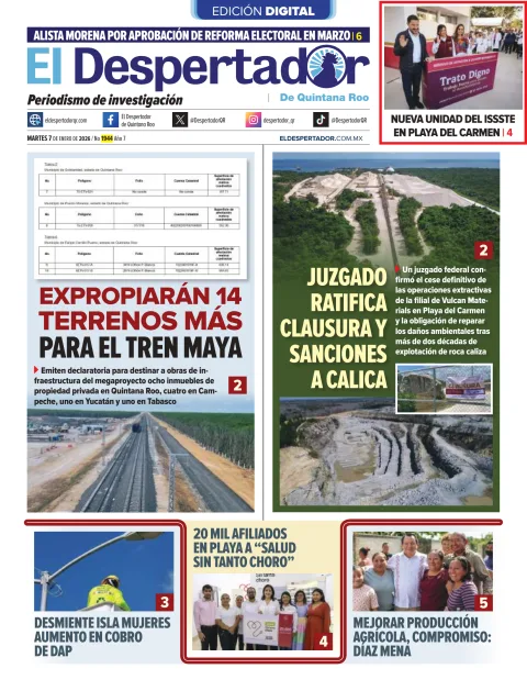 Portada de El Despertador de Quintana Roo del miércoles, 7 de enero de 2026