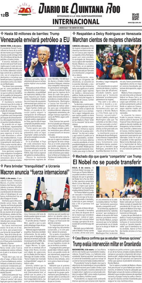 Portada de Diario de Quintana Roo (contra Portada) del miércoles, 7 de enero de 2026