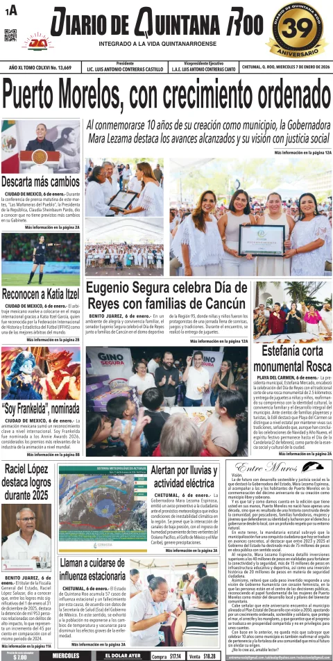 Portada de Diario de Quintana Roo (portada) del miércoles, 7 de enero de 2026